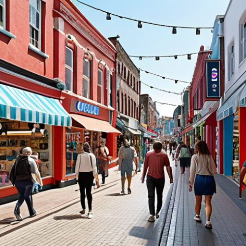 **

A vibrant, revitalized local shopping street. Unified signage and logos adorn shops, displaying attractive merchandise. People are strolling and engaging with the businesses, conveying a sense of community and economic recovery. Emphasize the power of visual language to transform a space.

**