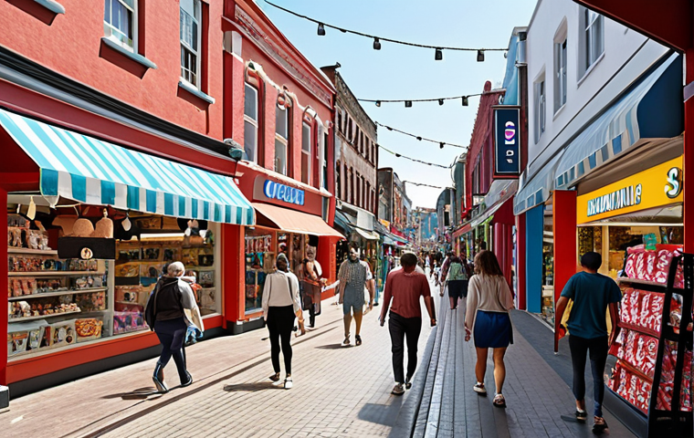 **

A vibrant, revitalized local shopping street. Unified signage and logos adorn shops, displaying attractive merchandise. People are strolling and engaging with the businesses, conveying a sense of community and economic recovery. Emphasize the power of visual language to transform a space.

**