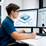 A focused young adult student, fully clothed in modern, professional casual attire, actively engaged in a cutting-edge design studio. They are working at a sleek desk with multiple large monitors displaying complex UI/UX designs and AI-generated concepts. The studio space is brightly lit with natural light, featuring collaborative whiteboards with design sketches and innovative furniture, reflecting a creative and futuristic learning environment. The student is looking thoughtfully at the screen, indicating deep concentration on advanced learning and skill development. safe for work, appropriate content, fully clothed, professional, perfect anatomy, correct proportions, natural pose, well-formed hands, proper finger count, natural body proportions, high-quality, professional photography.