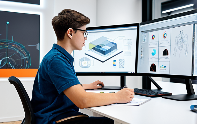 A focused young adult student, fully clothed in modern, professional casual attire, actively engaged in a cutting-edge design studio. They are working at a sleek desk with multiple large monitors displaying complex UI/UX designs and AI-generated concepts. The studio space is brightly lit with natural light, featuring collaborative whiteboards with design sketches and innovative furniture, reflecting a creative and futuristic learning environment. The student is looking thoughtfully at the screen, indicating deep concentration on advanced learning and skill development. safe for work, appropriate content, fully clothed, professional, perfect anatomy, correct proportions, natural pose, well-formed hands, proper finger count, natural body proportions, high-quality, professional photography.