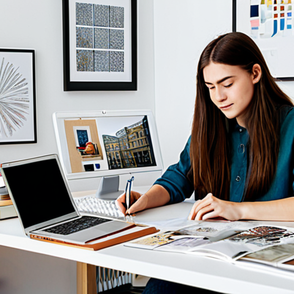 Aspiring Designer's Workspace**

"A young woman studying design at her desk, surrounded by books and design tools. She's wearing modest, comfortable clothing, fully clothed and focused on her laptop screen displaying design software. The room is bright and airy, with inspirational mood boards and design magazines visible. The overall atmosphere is professional, creative, and family-friendly. Perfect anatomy, natural proportions, safe for work, appropriate content, professional."

**