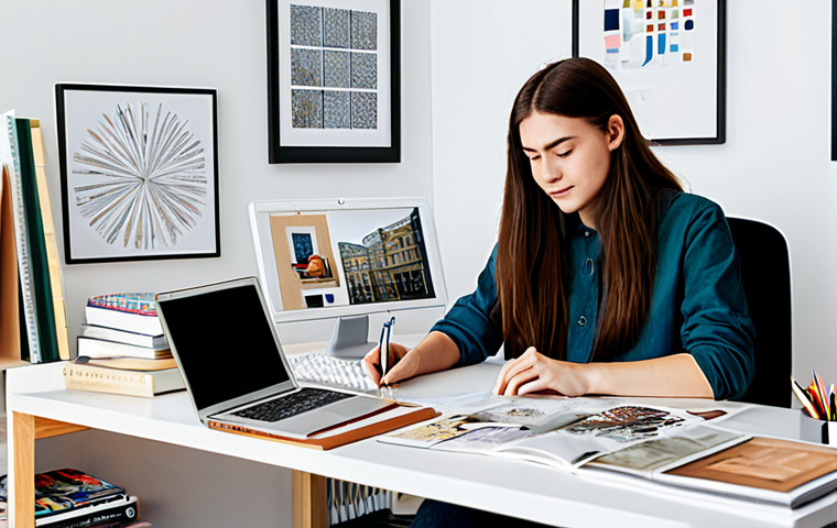 Aspiring Designer's Workspace**

"A young woman studying design at her desk, surrounded by books and design tools. She's wearing modest, comfortable clothing, fully clothed and focused on her laptop screen displaying design software. The room is bright and airy, with inspirational mood boards and design magazines visible. The overall atmosphere is professional, creative, and family-friendly. Perfect anatomy, natural proportions, safe for work, appropriate content, professional."

**