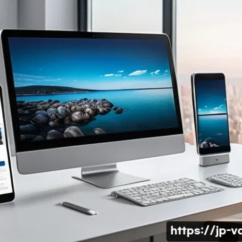 시각디자인의 주요 역할과 책임 - A modern, sleek digital workspace featuring a responsive web design displayed on multiple devices&mdash;sm...