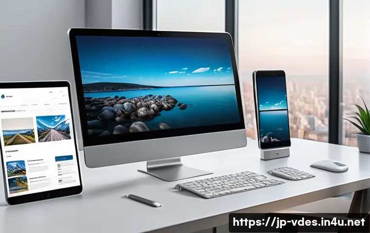시각디자인의 주요 역할과 책임 - A modern, sleek digital workspace featuring a responsive web design displayed on multiple devices&mdash;sm...