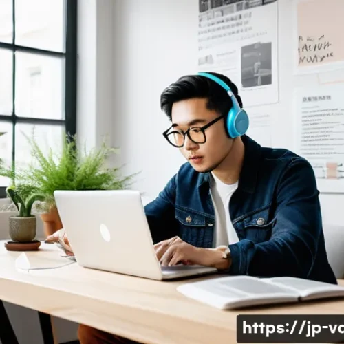 시각디자인 해외 취업 가이드 - A modern creative workspace featuring an international graphic designer working on a sleek laptop, s...