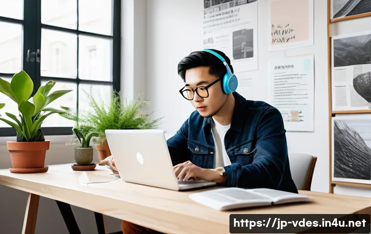 시각디자인 해외 취업 가이드 - A modern creative workspace featuring an international graphic designer working on a sleek laptop, s...