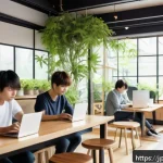 시각디자인에서의 리서치 기법 - A modern Japanese cafe scene with young adults sitting at wooden tables, each using laptops and smar...