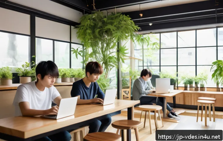 시각디자인에서의 리서치 기법 - A modern Japanese cafe scene with young adults sitting at wooden tables, each using laptops and smar...