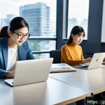 시각디자인 국제 자격증 소개 - A modern Japanese office scene showing a diverse group of young professionals studying for internati...
