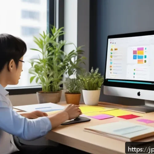 시각디자인 협업 사례 - A modern remote work setup featuring a diverse Japanese team collaborating online using Slack, Zoom,...