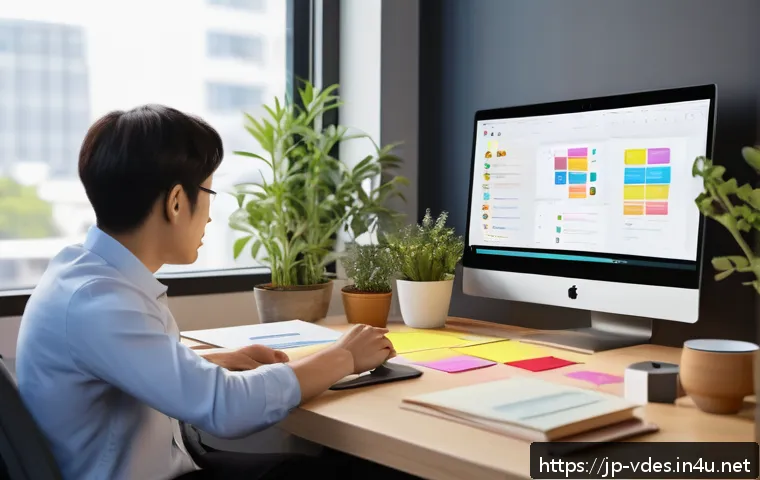 시각디자인 협업 사례 - A modern remote work setup featuring a diverse Japanese team collaborating online using Slack, Zoom,...
