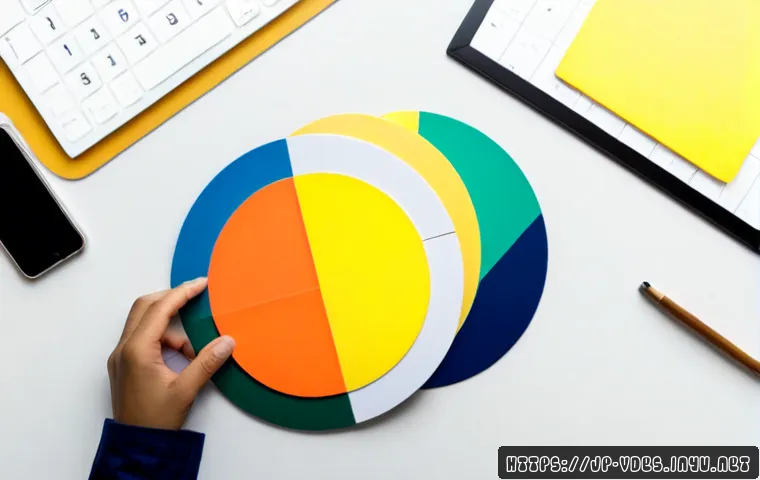 시각디자인의 심리학적 요소 - Photorealistic overhead view of a visual designer’s organized workspace, hands arranging abstract co...