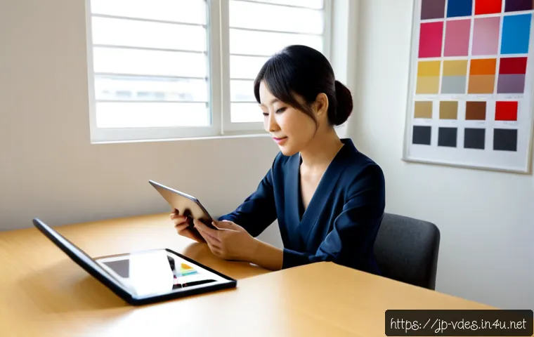 시각디자인 회사 선택 기준 - Photorealistic Japanese business owner reviewing a visual design agency portfolio at a clean modern ...